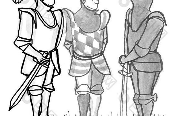 三名身穿盔甲、手持长剑的骑士的插图。