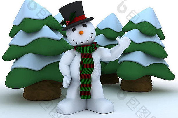 戴帽子和围巾的雪人的3D渲染
