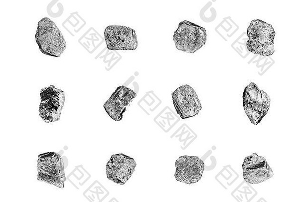 银石集白色背景隔离特写，铁矿金块收集，灰色金属岩石样品纹理，金属矿石碎片，粗糙的碎石