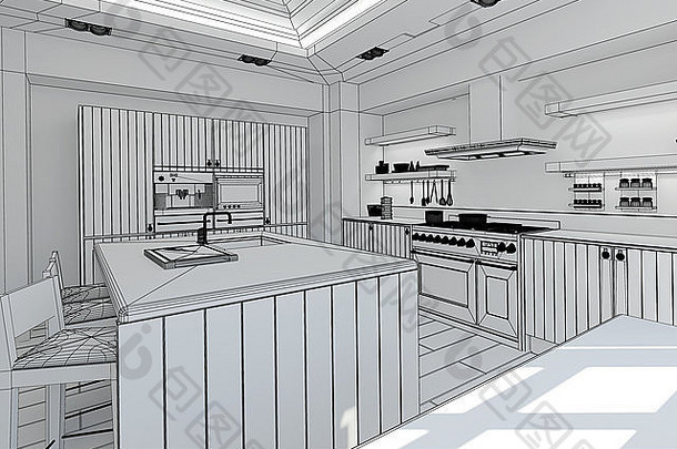 现代厨房的三维室内渲染