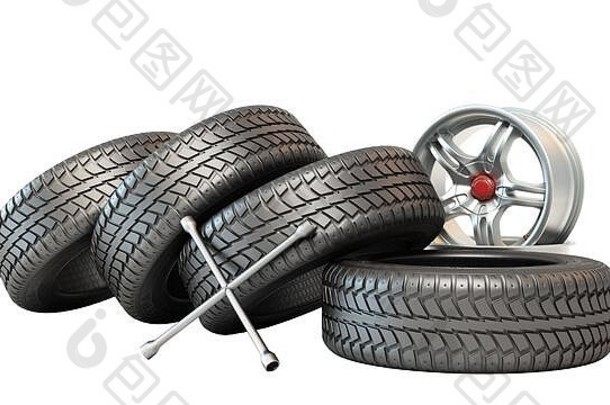 轮胎装配概念车车轮在白色无阴影的堆栈3d插图中