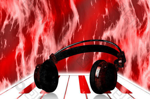 带有火焰背景的钢琴上真的红色耳机-3d渲染