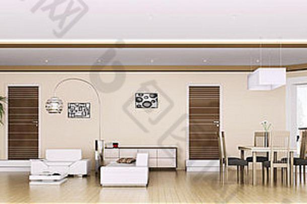 室内现代公寓生活房间全景渲染