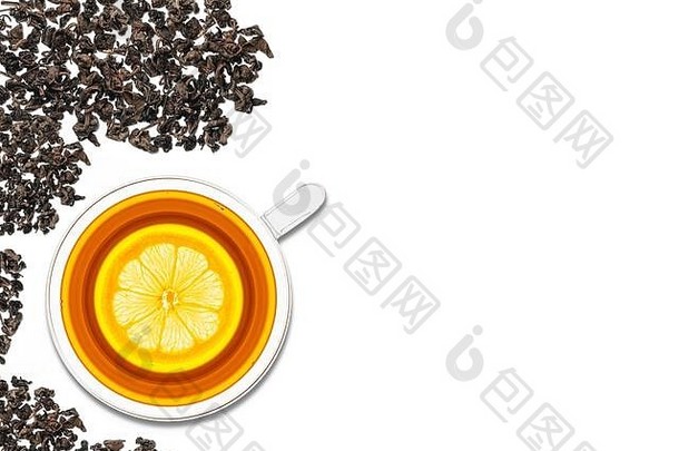 一杯白底柠檬茶。从上面看。红茶是一种比乌龙茶、绿茶和白茶更容易氧化的茶。