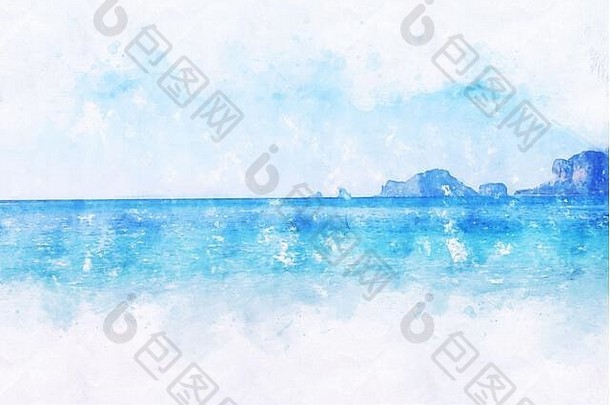 摘要色彩斑斓的波海海洋水甲米泰国水彩插图绘画背景