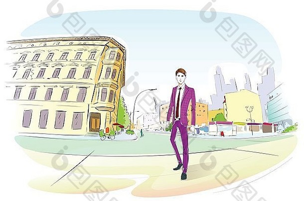 时尚男装城市街头手绘素描