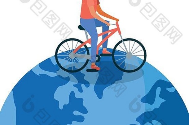 戴着面具的人骑着自行车在世界医疗保健设计和新冠病毒19型病毒主题载体插图上