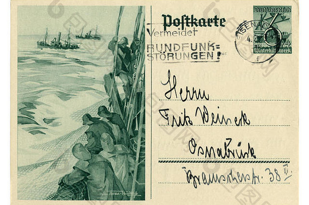 德国历史邮政卡：<strong>冬季</strong>救济系列船舶，拖网渔船上的渔民向大海抛网，1937年发行，德国，第二次世界大战