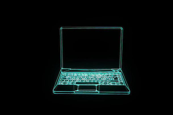 全息线框风格的笔记本电脑。漂亮的3D渲染