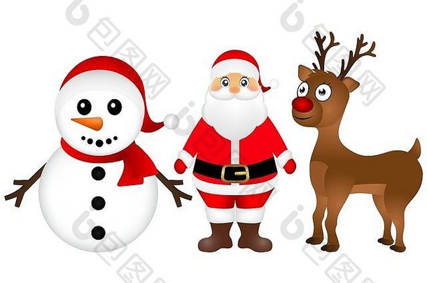 骑着驯鹿和雪人站在白色背上的圣诞老人