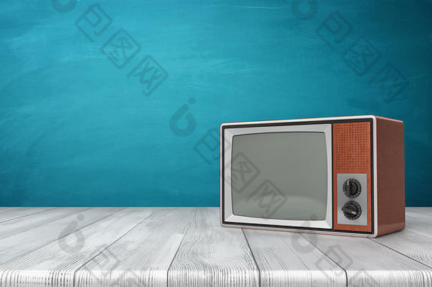 一台棕色框架的老式CRT电视机站在木制桌子上的3d效果图。