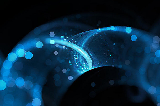 蓝色发光的新技术在空间、景深、计算机生成的抽象背景、3D渲染中循环