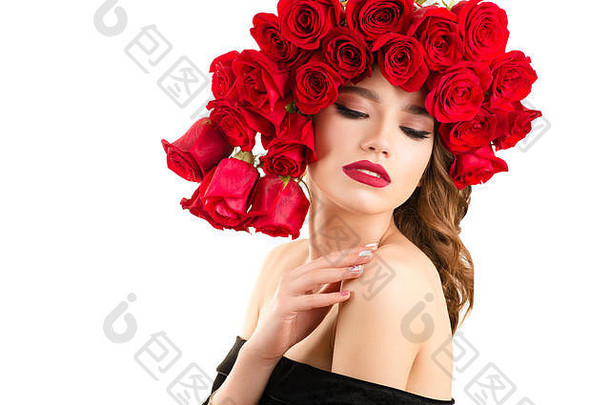 优雅的年轻的高加索人女孩红色的玫瑰头