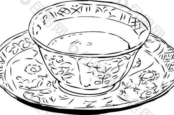 18世纪古董茶杯和茶托的略图，茶杯和茶托装满咖啡