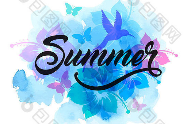 蓝色的摘要夏天热带背景花嗡嗡作响鸟水彩纹理