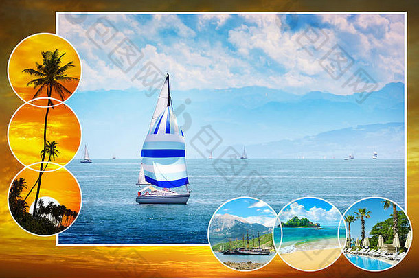 白色帆船和热带棕榈树的海洋拼贴，用于创意布局、日历、明信片。