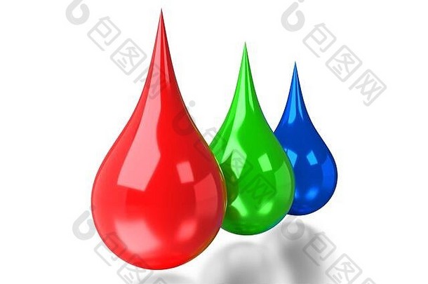 RGB墨滴-红色、绿色、蓝色-3D插图