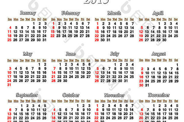白色背景上2015年简单准确的日历