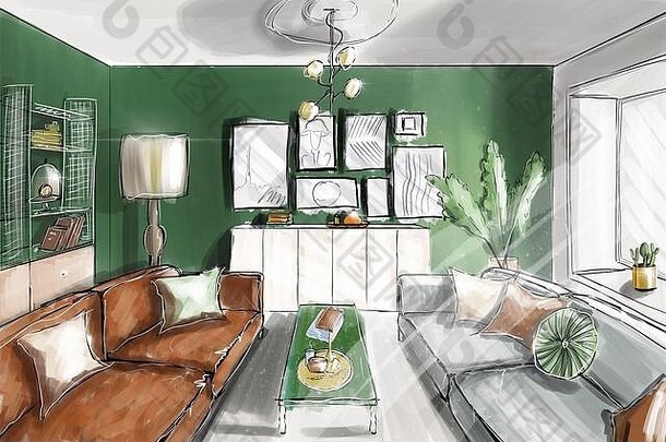 手画草图装饰生活房间经典风格绿色墙