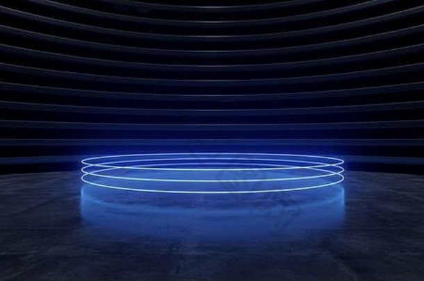阶段讲台上霓虹灯发光的蓝色的外星人sci未来主义的混凝土反光仓库车库空背景展厅呈现插图