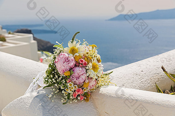 婚礼花束背景海希腊圣托里尼岛