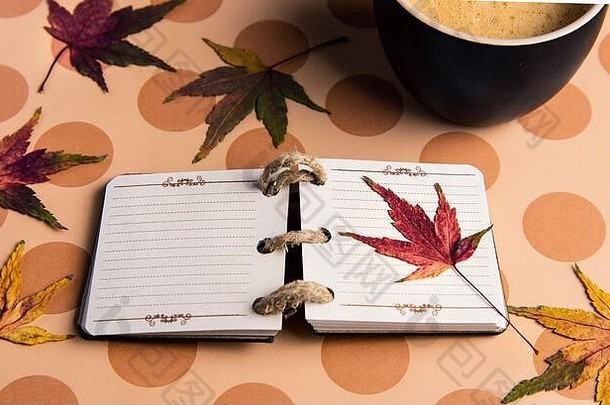桌子上的小笔记本和秋天落叶