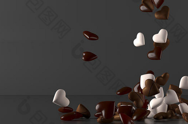 真实感不同类型巧克力心的三维渲染