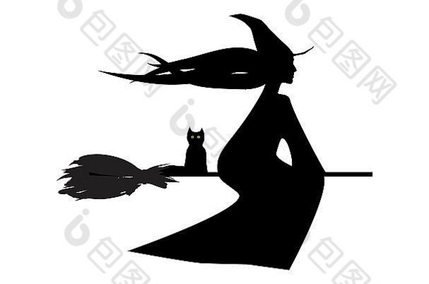 飞行女巫和她的猫数字幻觉，白色背景上的剪影