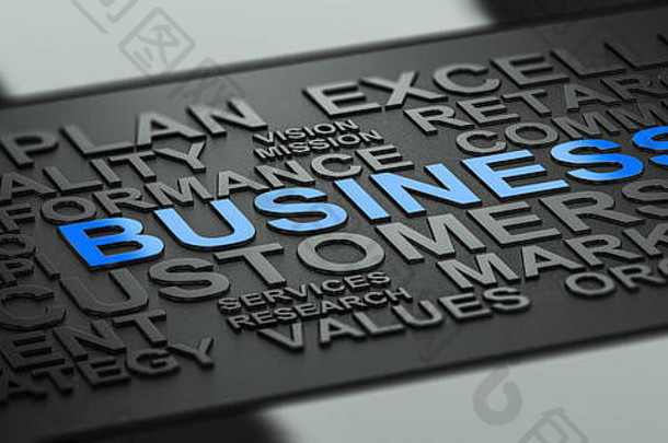 业务单词黑色的背景反射模糊效果焦点蓝色的词插图企业沟通