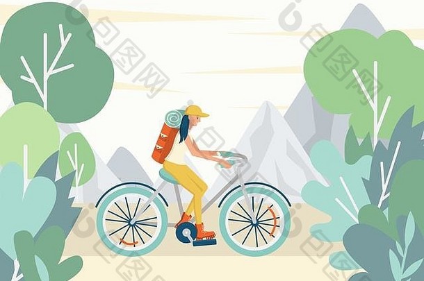 女孩骑自行车旅游背包山