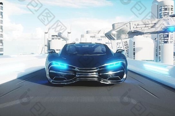 黑色未来主义电动汽车在科幻城市里行驶速度极快。未来的概念。三维渲染。