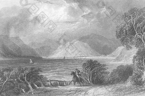坎布里亚：乌尔斯瓦尔桥。<strong>骑马</strong>的人，古董印刷品1832