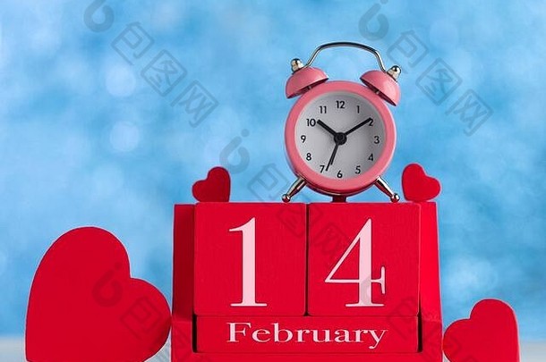 情人节一天概念日期2月木红色的多维数据集日历散景红色的背景