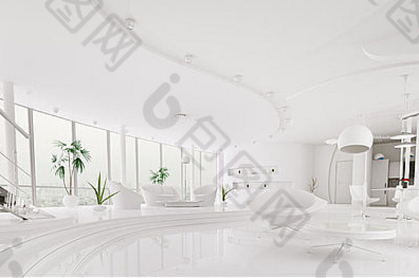 现代白色公寓客厅大厅内部全景3d渲染