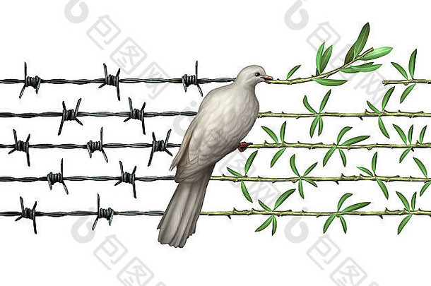 乐观主义概念和外交希望象征：铁丝网上的鸽子到橄榄枝，象征人类的善意和对人类的尊重，象征全球更安全的世界，或者是对孤立在白色土地上的地球日的问候。