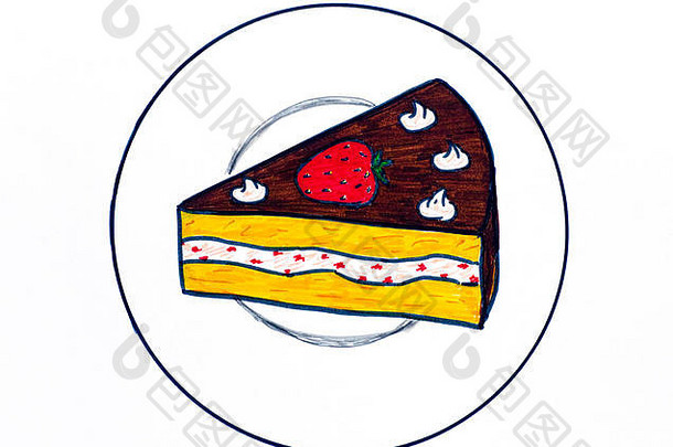 白盘子上的一块蛋糕。手绘。