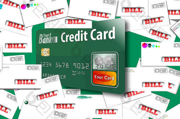 用你的付账的图示是从信封里的一堆家庭账单中弹出的这张模拟卡。