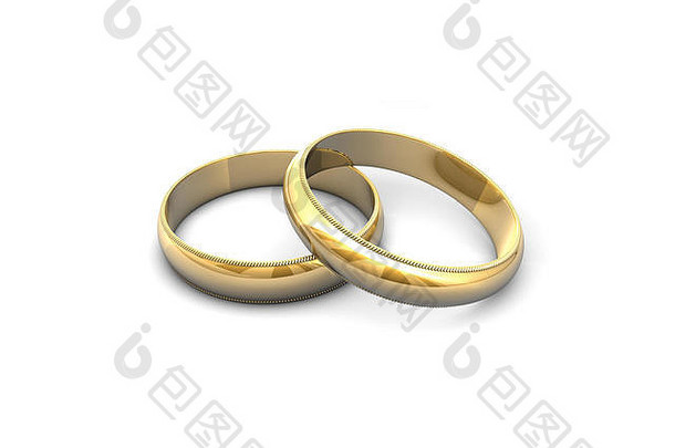 白色背景上的金色结婚戒指。提供高分辨率和多种尺寸。三维插图绘制。