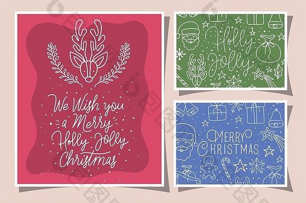 一捆印有书法和图标的圣诞快乐卡