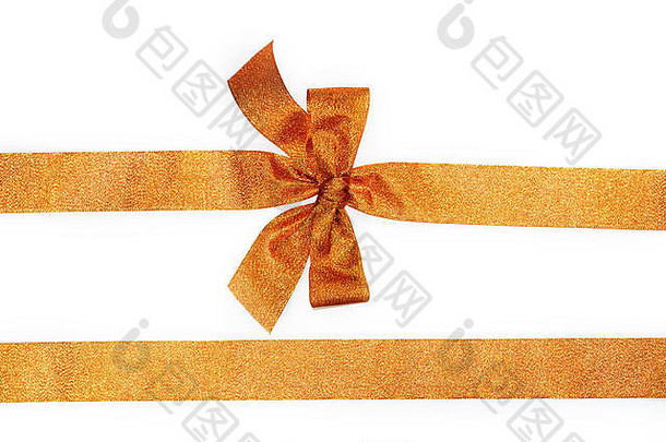 金色水平礼品丝带和白色背景上隔离的豪华蝴蝶结
