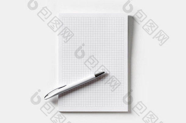 纸背景上的空白字帖和钢笔。为文本空间。平铺。