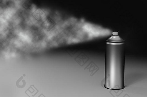 喷雾罐喷射气溶胶的3D插图，黑白相间，有足够的复印空间