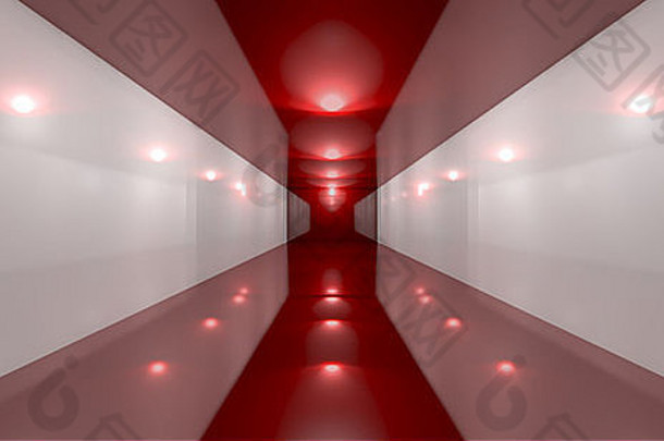 一条空荡荡的光滑通道，红色地板和屋顶反光，白色反光墙被灯光照亮