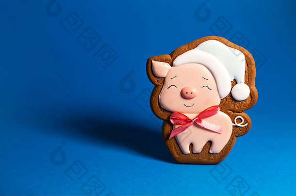 姜饼饼干可爱的粉红色的猪蓝色的背景传统的圣诞节食物圣诞节一年假期概念Copyspace