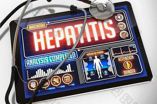 显示器上显示诊断为肝炎的医用平板电脑和白色背景上的黑色听诊器。