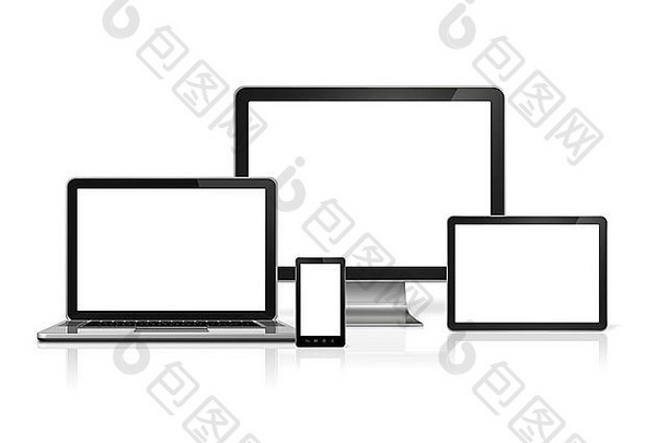3D电脑、笔记本电脑、手机和数字平板电脑-白色隔离