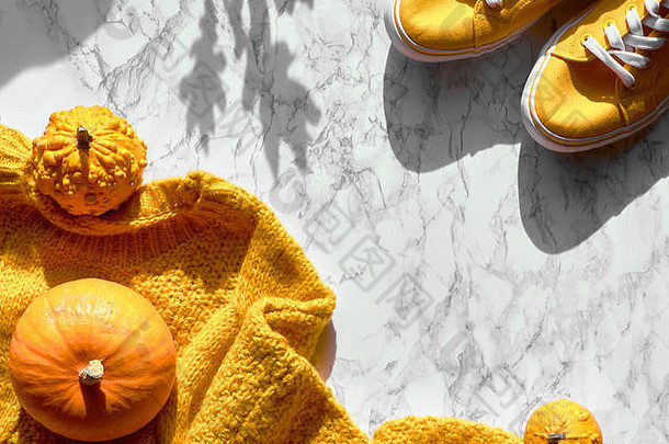 秋天平躺黄色的毛衣装饰南瓜橡木叶子杯茶柠檬光大理石背景阴影