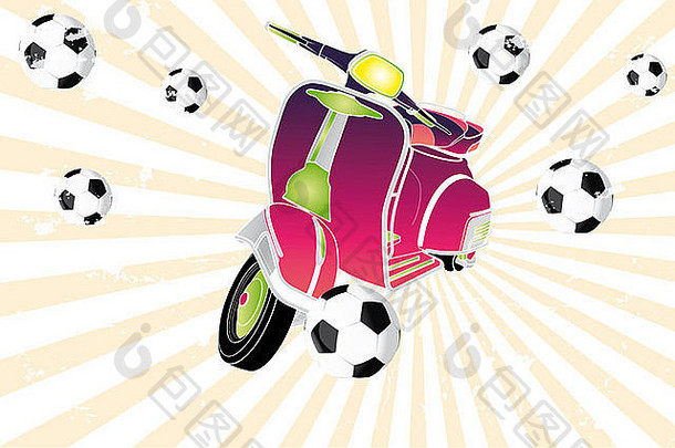 彩色复古踏板车踢足球-手绘插图