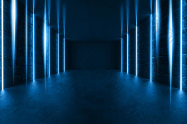 带有条纹状蓝色发光霓虹灯线条的未来科幻现代房间。