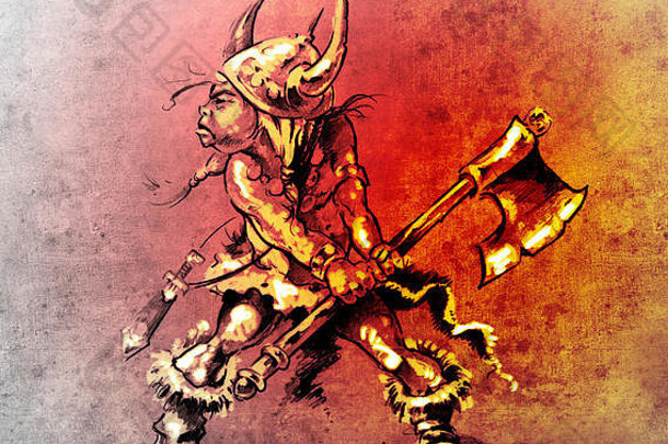 纹身艺术素描，带着大斧的滑稽<strong>小战士</strong>